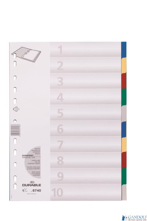 Przekładki PP A4, kolorowe indeksy, 10 części Pięciokolorowy 674027 DURABLE