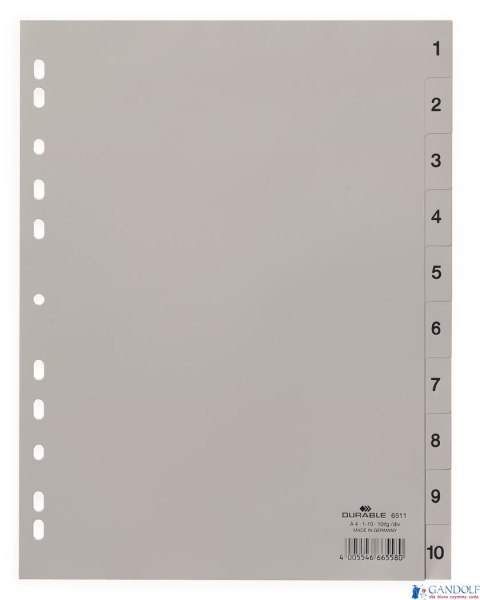 Przekładki PP A4 szare, nadr. indeks, 1-10, 1 0 części Szary 651110 DURABLE