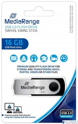 Pamięć Pendrive MediaRange 16GB USB 2.0, obracany, srebrno-czarny, MR910