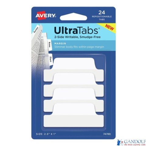 Ultra Tabs - samoprzylepne zakładki indeksujące, białe, 63,5x25, 24 szt., Avery Zweckform 74789