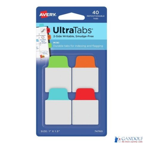 Ultra Tabs - samoprzylepne zakładki indeksujące, kolorowe, klasyczne, 25,4x38, 40 szt., Avery Zweckform 74760