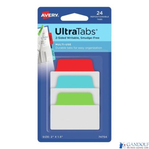 Ultra Tabs - samoprzylepne zakładki indeksujące, kolorowe, klasyczne, 50,8x38, 24 szt., Avery Zweckform 74754