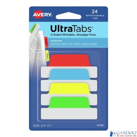 Ultra Tabs - samoprzylepne zakładki indeksujące, kolorowe, klasyczne, 63,5x25, 24 szt., Avery Zweckform 74768
