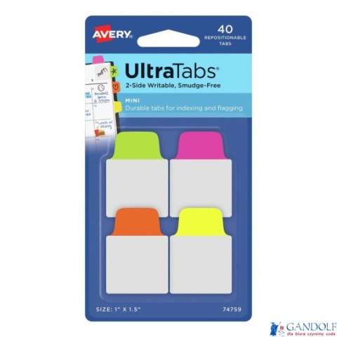 Ultra Tabs - samoprzylepne zakładki indeksujące, kolorowe, neonowe, 25,4x38, 40 szt., Avery Zweckform 74759