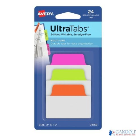 Ultra Tabs - samoprzylepne zakładki indeksujące, kolorowe, neonowe, 50,8x38, 24 szt., Avery Zweckform 74753