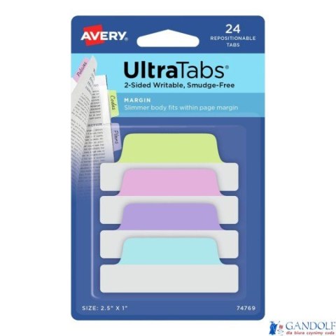 Ultra Tabs - samoprzylepne zakładki indeksujące, kolorowe, pastelowe, 63,5x25, 24 szt., Avery Zweckform 74769