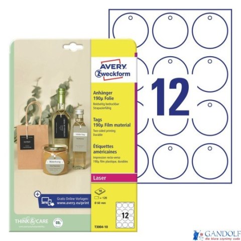 Zawieszki foliowe Avery Zweckform, 190_, 60 mm, okrągłe, 10 ark. T3004-10