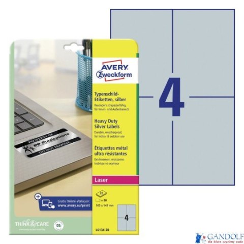 Etykiety znamionowe srebrne A4 do druku, Avery Zweckform Heavy Duty L6134-20