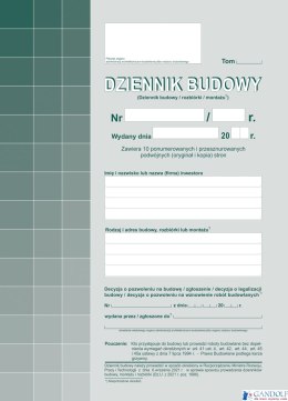 603-S11 Dziennik Budowy A4, 20str. (10 kompletów oryginał+kopia) samokopia