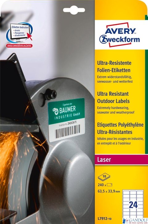 Etykiety UltraResistant L7912-10 63,5x33,9 10ark polietylenowe Avery Zweckform