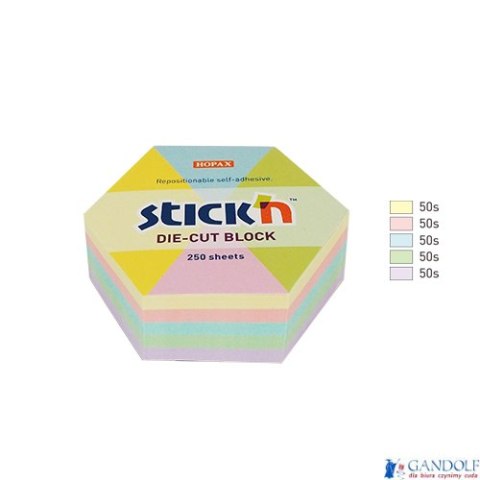 Notes sześciokąt, 61x70mm, mix 5 kol. pastelowych, 250kart. Stickn 21826