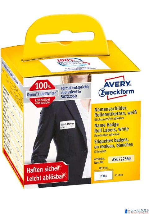 Identyfikatory AS0722560 41x89 200 et. w rolce do termodruku, usuwalne, Avery Zweckform Identyfikatory AS0722560 41x89 200 et. w rolce do termodruku, usuwalne, Avery Zweckform