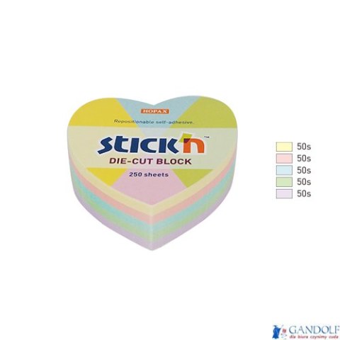 Notes serce, 64x67mm, mix 5 kol. pastelowych, 250kart. Stickn 21835