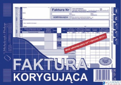 107-3E Faktura VAT korygująca MICHALCZYK&PROKOP A5 80 kartek 107-3E Faktura VAT korygująca MICHALCZYK&PROKOP A5 80 kartek