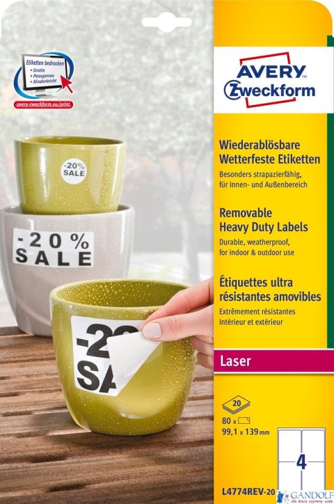 Etykiety Heavy Duty L4774REV-20 99,1 x 139 20ark białe, poliestrowe, usuwalne, Avery Zweckform