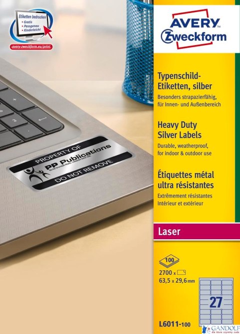 Etykiety znamionowe L6011-100 63,5 x 29,6 100ark srebrne, poliestrowe, Avery Zweckform