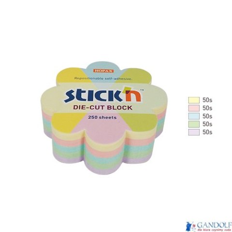 Notes kwiatek, 67x67mm, mix 5 kol. pastelowych, 250kart. Stickn 21832