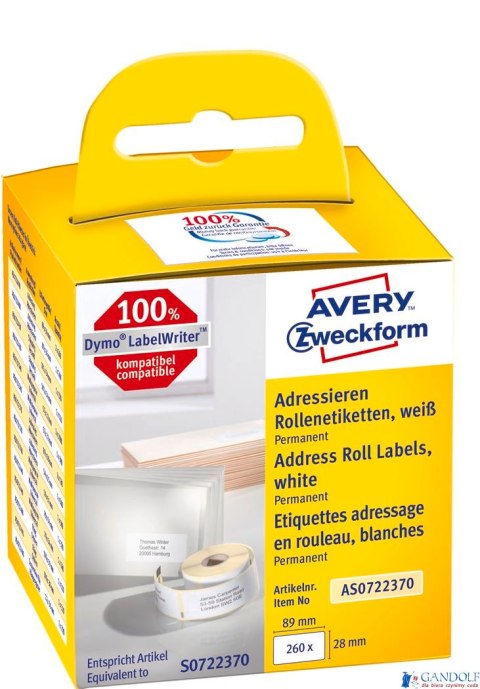 Etykiety adresowe AS0722370 28x89 260 et. x 2 w rolce do termodruku, trwałe, białe, Avery Zweckform Etykiety adresowe AS0722370 28x89 260 et. x 2 w rolce do termodruku, trwałe, białe, Avery Zweckform