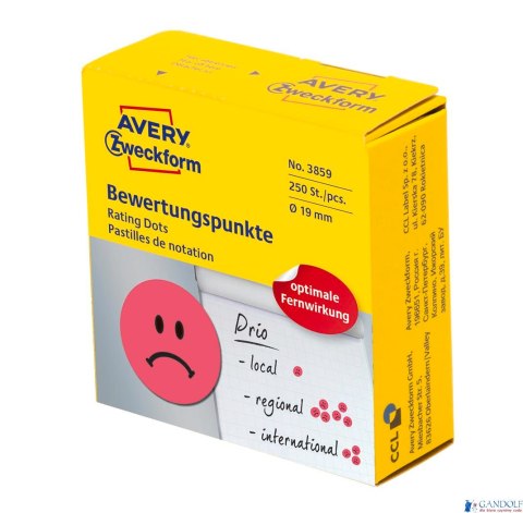Kółka z symbolem Smutna buźka 3859 Q19 w rolce do zaznaczania, trwałe, 250 szt./rolka,czerwone, Avery Zweckform Kółka z symbolem Smutna buźka 3859 Q19 w rolce do zaznaczania, trwałe, 250 szt./rolka,czerwone, Avery Zweckform