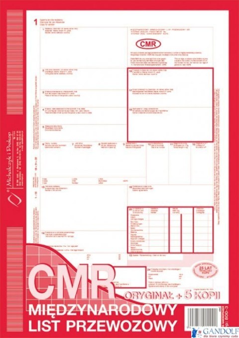 800-3N CMR A4 78kartek 1+5 numerowany międzynarodowy list przewozowy M&P