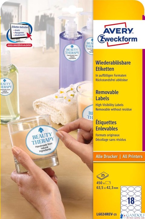 Etykiety owalne L6024REV-25 63,5 x 42,3 25 ark. Białe, usuwalne, Avery Zweckform