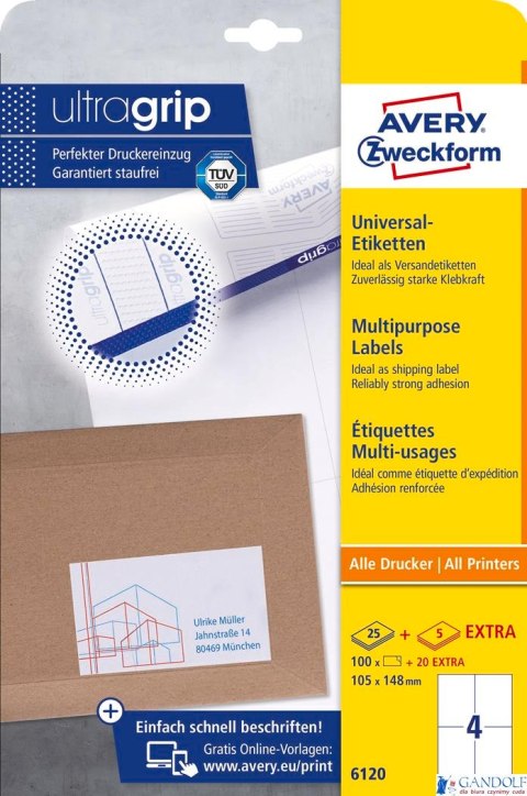 Trwałe etykiety uniwersalne 6120 105x148 30ark. białe, Avery Zweckform