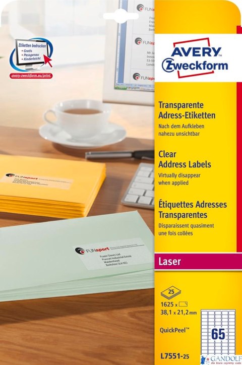 Etykiety adresowe L7551-25 38,1 x 21,2 25 ark. przezroczyste Avery Zweckform