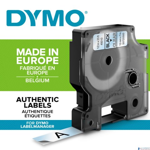 Taśma DYMO D1 - 12 mm x 7 m, czarny / przezroczysty S0720500 / 45010 do drukarek etykiet Taśma DYMO D1 - 12 mm x 7 m, czarny / przezroczysty S0720500 / 45010 do drukarek etykiet
