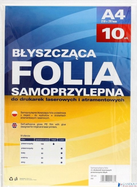 Folia samoprzylepna A4 do drukarek laserowych (10szt) 434010 50mic ARGO