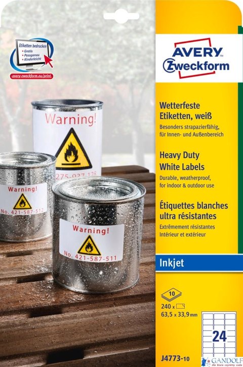 Etykiety Heavy Duty J4773-10 63,5 x 33,9 10ark Trwałe, poliestrowe, białe, Avery Zweckform