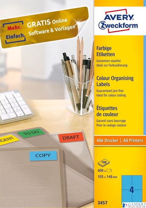 Etykiety niebieskie 3457 105 x 148 100 ark. trwałe, Avery Zweckform (X)