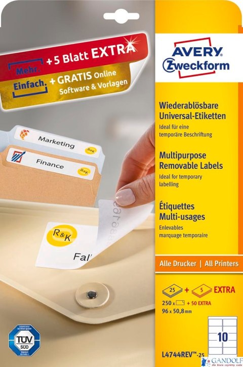 Etykiety uniwersalne L4744REV-25 96 x 50,8 30ark Usuwalne, Avery Zweckform