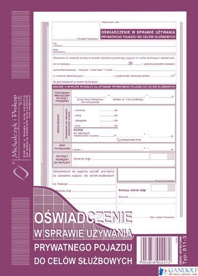 Oświadczenie w sprawie używania prywatnego pojazd do celów służbowych A5, offset 40 kartek, 10-811-3 DOTTS