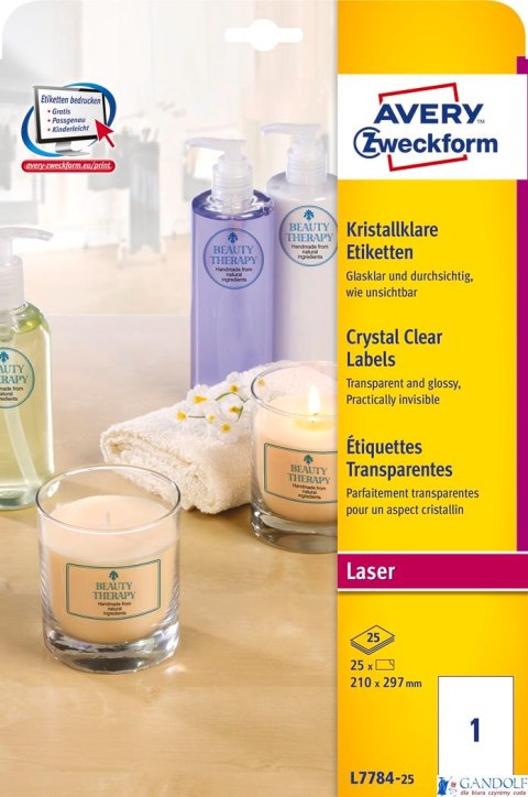 Etykiety Crystal Clear L7784-25 210 x 297 25ark przezroczyste, Avery Zweckform Etykiety Crystal Clear L7784-25 210 x 297 25ark przezroczyste, Avery Zweckform