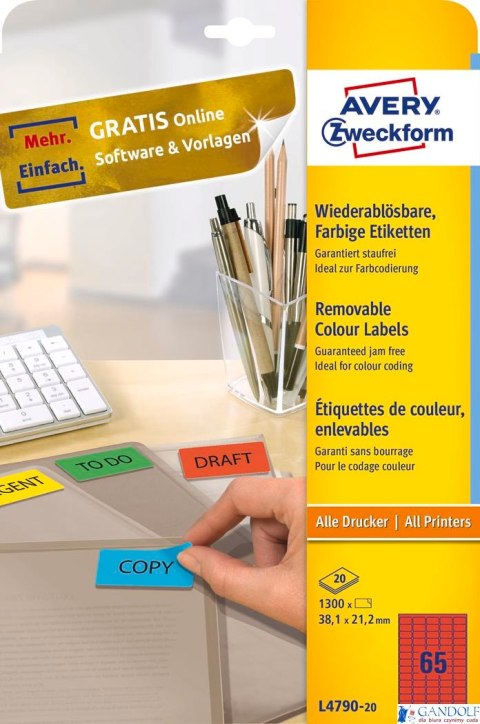 Etykiety czerwone L4790-20 38,1 x 21,2 20 ark. Usuwalne, Avery Zweckform (X)