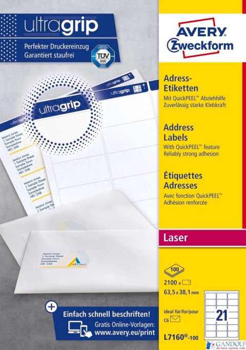 Etykiety adresowe L7160-100 63,5 x 38,1 100 ark. białe Avery Zweckform