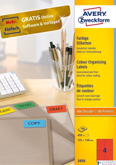 Etykiety czerwone 3456 105x148 100 ark. trwałe Avery Zweckform