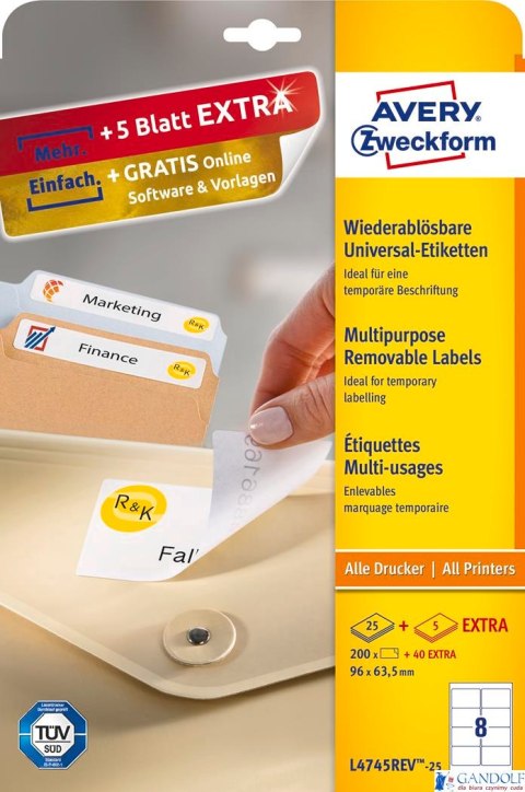 Etykiety uniwersalne L4745REV-25 96x63,5 30 ark. Usuwalne, białe, Avery Zweckform