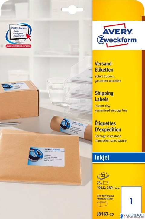 Etykiety wysyłkowe J8167-25 199,6 x 289,1 25ark. białe Avery Zweckform (X)