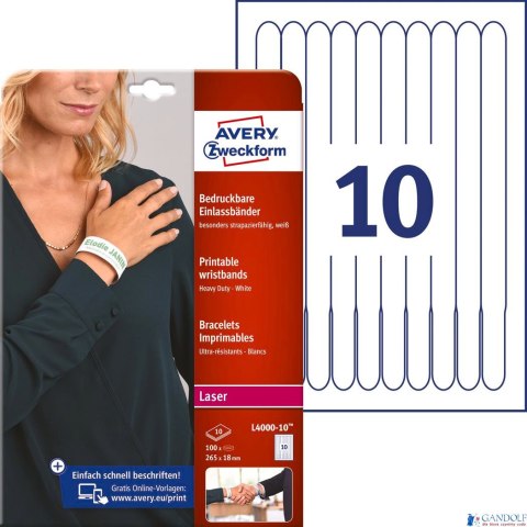 Opaski identyfikacyjne L4000-10 265 x 18 10ark białe, poliestrowe, na nadgarstki, Avery Zweckform, (X) Opaski identyfikacyjne L4000-10 265 x 18 10ark białe, poliestrowe, na nadgarstki, Avery Zweckform, (X)