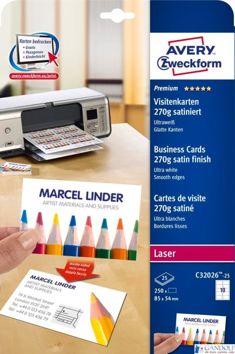 Wizytówki Quick&Clean C32026-25 85x54 mm 25 ark. 250 szt., 270 g, satynowane, śnieżnobiałe, Avery Zweckform (X)