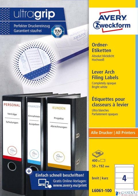 Etykiety na segregatory L6061-100 59x192 100ark Avery Zweckform Etykiety na segregatory L6061-100 59x192 100ark Avery Zweckform