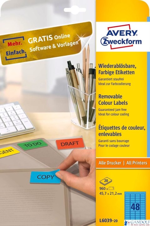 Etykiety niebieskie L6039-20 45,7 x 21,2 20 ark. usuwalne, Avery Zweckform
