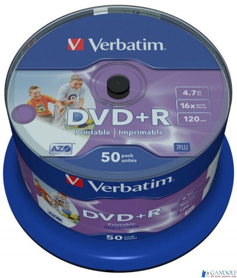Płyta DVD+R VERBATIM 43512 16x 4,7GB (50) cake AZO Wide Inkjet Printable Płyta DVD+R VERBATIM 43512 16x 4,7GB (50) cake AZO Wide Inkjet Printable