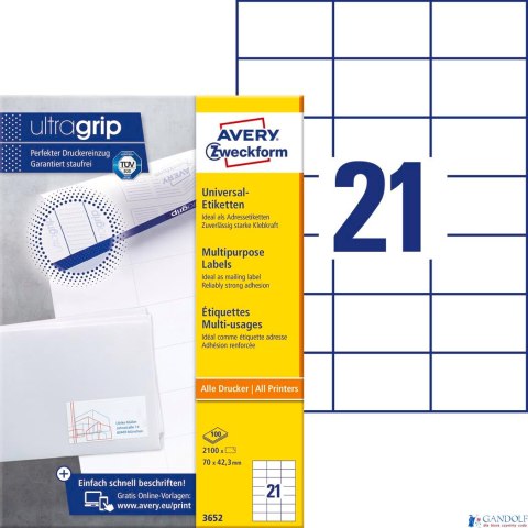 Trwałe etykiety uniwersalne 3652 70x42,3 100ark Avery Zweckform