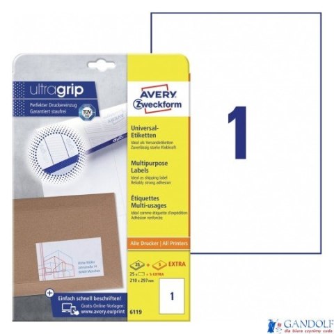 Trwałe etykiety uniwersalne 6119 210 x 297 30ark Avery Zweckform