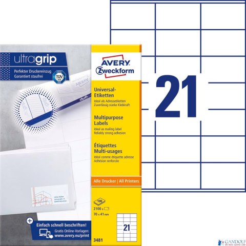 Trwałe etykiety uniwersalne 3481 70 x 41 100ark Avery Zweckform