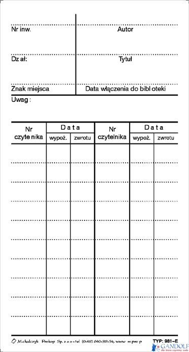 981-E Karta książki (1kpl=50sz MICHALCZYK I PROKOP