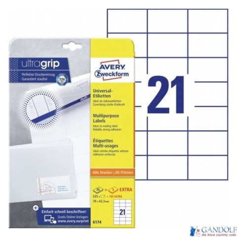 Trwałe etykiety uniwersalne 6174 70x42,3 30 ark. białe Avery Zweckform