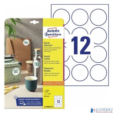 Okrągłe etykiety usuwalne Q 60 mm 25 ark. Avery Zweckform L7104REV-25